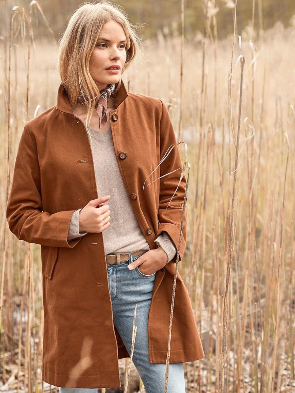 GARNET HILL 16 Golden Nutmeg Modern Pleated Trench Coat Organic